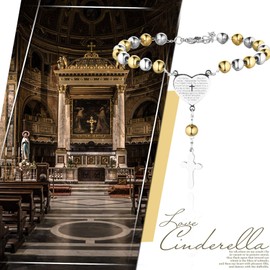 Flongo Classic Cross Pendant Bracelet Christian Catholic Heart Bible Prayer Bead Stainless Steel Silver Gold Black Costume Jewellery for Women and Men, One Size, Stainless Steel