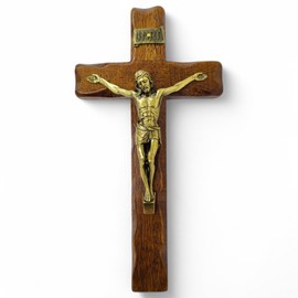Wooden Crucifix - Wall Mounted - Christ Brass Plated - Made in Umbria Italy - (25 x 13cm)