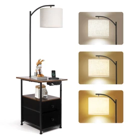 PESRAE Floor Lamp with Table & 2 Drawers, End Table with 3 Color Temperature Reading Light, Side Table Lamp with USB & Type C & AC Charging Port for Living Room, Bedroom