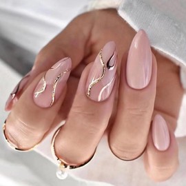 AZTSYT Press on Nails Almond Pink Fake Nails Full Cover Middle Length Stick on Nails Gold Powder Ripple False Nails Acrylic Nails with Glitters Designs Glue on Nails for Women and Girls Nail Art 24Pcs