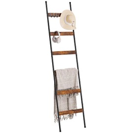 ELYKEN Blanket Ladder for Living Room, Farmhouse 6-Tier Quilt Holder with 4 Removable Hooks for Bathroom, Wood Towel Rack Display, Wall Anchor Leaning Decorative Stand for Home, Rustic Brown
