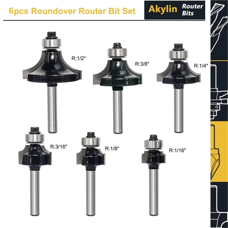 6PCS Roundover Router Bit Set , 1/4 inch Shank，Corner Rounding