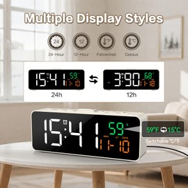 Netzu 3-in-1 Small Digital Clocks for Living Room with Temperature, Date & Time Display - 4 Levels Birghtness, 3 Volumes, Compact Plug-in Alarm Clock for Bedroom, Office (White)