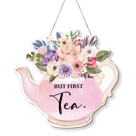 MOTERMATE But First Tea Kitchen Sign Decor, Pink Teapot Tea Relaxing Front Porch Door Decor for Kitchen Garden Tea Bar Station, Tea Lover Gifts Wall Hanging Decor for Girls Women, 12x12 Inch