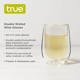 True Insulated Wine Glasses - Double Walled Stemless Wine Glass Set - Dishwasher Safe Borosilicate Glass 10oz Set of 2