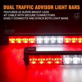 Xprite Emergency Dash Strobe Lights, 32LED Anti-Glare Windshield Visor Light Bar, Wireless Remote & Pressure-Boosted Suction Cups for Traffic Construction Police Vehicles White Red