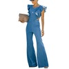 Omoone Women's Flared Denim Jumpsuit Ruffle Sleeve Backless Jeans Jumper
