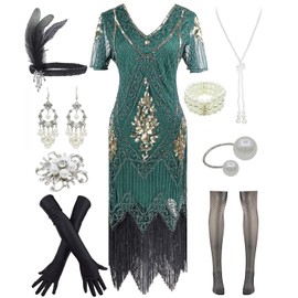 Women 1920s Gatsby Vintage Sequin Flapper Fringe Party Plus Dress with 20s Accessories Set (XL, Style Leaf Green)