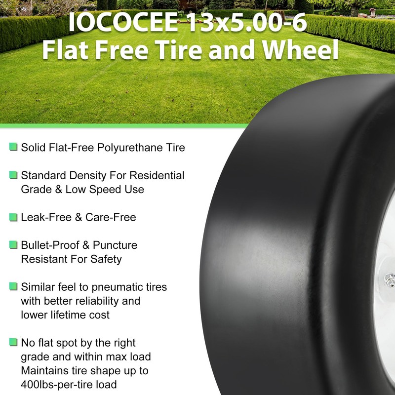 2 Pcs Upgrade 13x5.00-6 Flat Free Lawn Mower Tire and