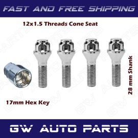 BWA Set of 4 Chrome Wheel Bolt Lock Cone Seat with Key 28mm/1.10" Shank 12x1.5