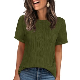 Micoson Summer Crew Neck Tops for Women 2024 Business Casual Textured Shirts Fashion Trendy Cute Solid Short Sleeve T Shirts (Army Green, M)