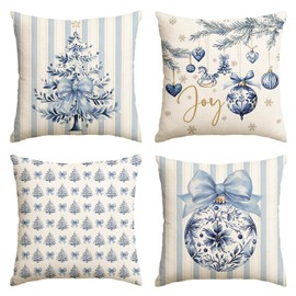 AVOIN colorlife Blue Stripe Christmas Tree Balls Bow Throw Pillow Cover, 18 x 18 Inch Seasonal Snowflake Winter Holiday Cushion Case Decoration for Sofa Couch Set of 4