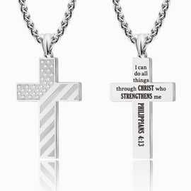 LAOYOU Anniversary Birthday Gifts For boyfriend, Stainless Steel Silver Philippians 4:13 USA Patriotic American Flag Cross Necklace Bible Verse Religious Christian Necklace For Men