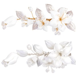 CHANZET White Flower Hair Clip for Bridal 2pcs, Wedding Floral Hair Clips Pins with Rhinestone Pearls, Gold Silver Metal Decorative Flower Hair Barrettes Hairpin Hair Accessories for Women Girls