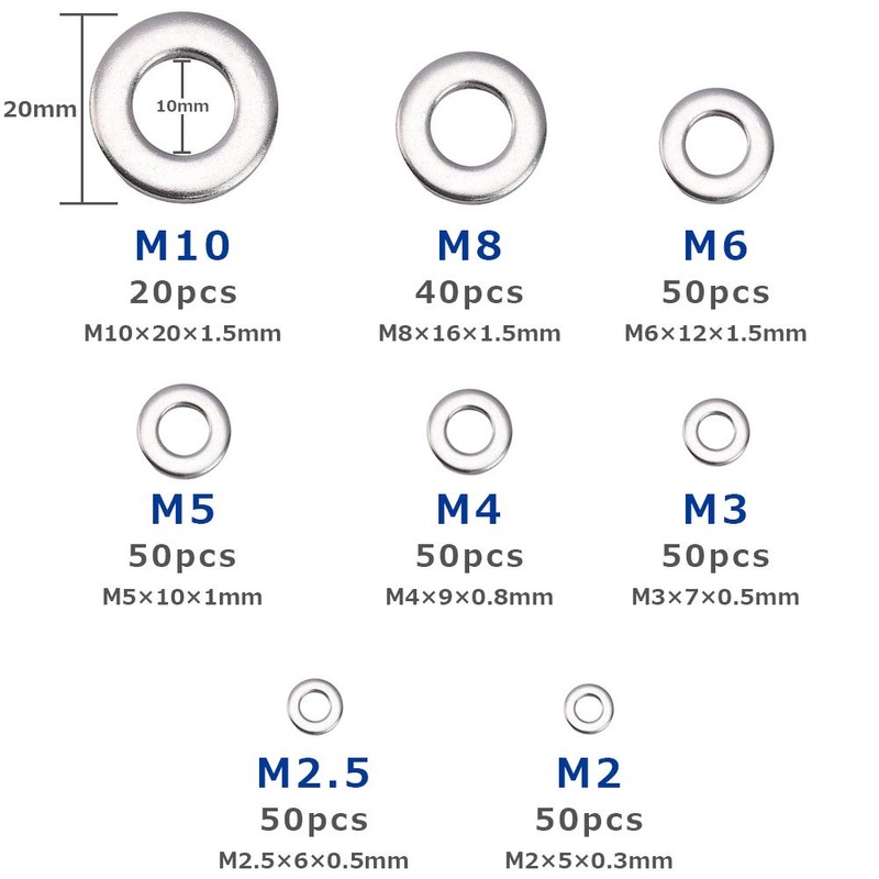 Flat Washers 360 Piece Set Flat Washers Stainless Steel M2