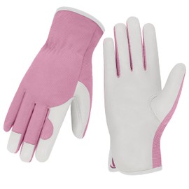 KKOYING Gardening Gloves, Garden Gloves for Women and Men, Thorn Proof Working Gloves, Durable Leather Work Garden Gloves for Yard & Outdoor Work, Pink, L