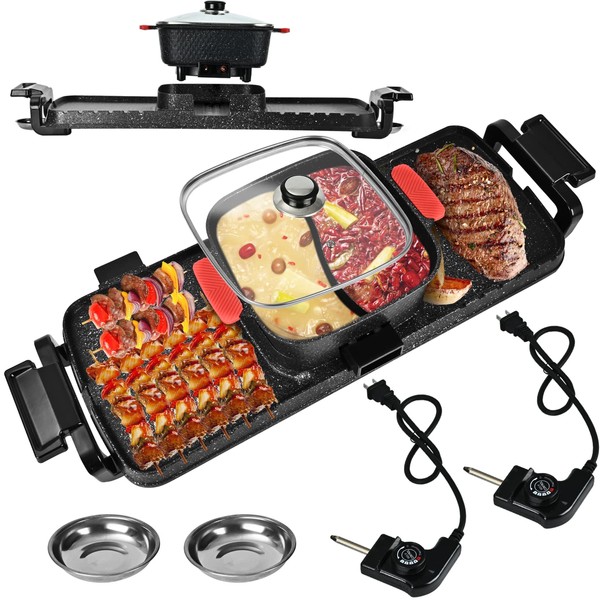 GELTTULU Hot Pot with Grill, 2700W 3 in 1 Electric Grill Indoor Smokeless and Separable for 7-10 People, Dual Temperature Control, 5 Speed Adjustable, Oil Spill Dish for Simmer,Fry, Black