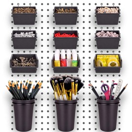 G.CORE 12 Pack Pegboard Bins PegBoard Cups with Hooks & Loops, Peg Hooks Assortment Organizer Accessory Set, Various Tools Storage Arrange System Accessories for Garage Craft Workshop Workbench