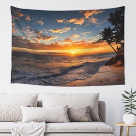 Hulnulnu Beach Sunset with Coconut Trees Nature Sunset Landscape Tapestry,Wall Hanging Abstract Mountain Tapestries Décor Living Room Bedroom Tapestry Home Dorm Decor
