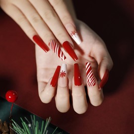 Christmas Press on Nails Coffin Long Length, 24Pcs Red Artificial Winter Fake Nails with Snow Ribbons Designs Glossy Full Cover Square False Nails Glue Stick on Fingernails for Women(JP1297)