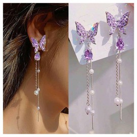 Allereya Vintage Crystal Amethyst Butterfly Earrings Amethyst Butterfly Earrings Long Pearl Drop Earrings Purple Cz Long Chain Tassel Earrings Jewelry for Women and Girls
