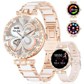 ESFOE Smart Watches for Women,1.19” AMOLED Smartwatch for Android iOS Phone,IP68 Waterproof Fitness Tracker Watch with Heart Rate Sleep Monitor 100+ Sports Pedometer,Ceramic(Answer/Make Calls)