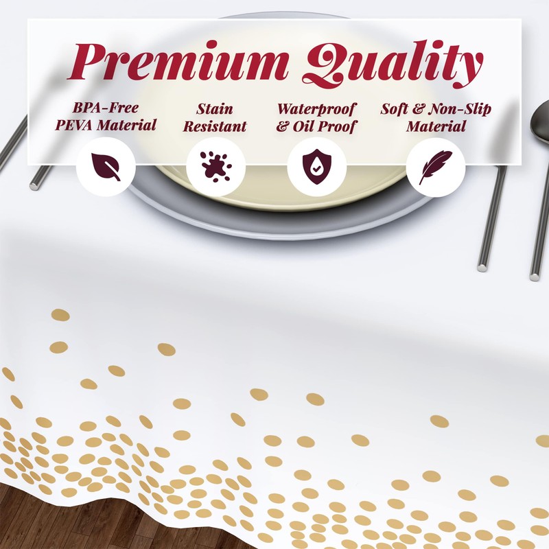 4 Pack Disposable Plastic Tablecloth, Gold Stamping Dot Rectangular Table