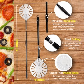 Premium Quality 9" Round Pizza Turning Peel with Perforated Aluminum Paddle, Lightweight Adjustable 32" or 47" Handle. Movable Hand Grip, Rotating Pizza Peel Spinner, Outdoor Pizza Oven Accessories