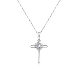 SILBERTALE 925 Sterling Silver Cross Pendant Necklace with Rose Flower Heart Cubic Zirconia Birthstone Adjustable Chain Jewelry for Women, Cubic Zirconia