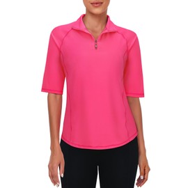 Viracy Golf Tops for Women, Loose Fit Golf Shirts Elbow Sleeve 1/4 Zip Up Golf Tops Quick Dry Lightweight Moisture Wicking Sports Activewear Clothing,2XL Hot Pink