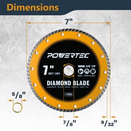 POWERTEC 7" Turbo Diamond Saw Blade for Wet Tile Saw, Diamond Blade for Cutting Concrete, Granite, Brick, Paver, Roofing Tile, 7 inch Diamond Blades for Wet/Dry Cutting, 1 Pack (14006)