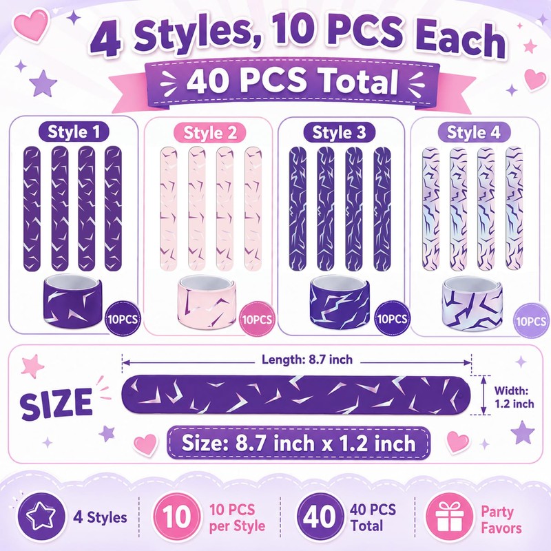 40 PCS Kpop Style Slap Bracelets for Kids, Bulk Wristbands