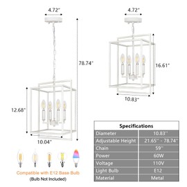 KMaiPem 4-Light Vintage White Dining Room Chandelier, Farmhouse Foyer Lighting Fixtures, Adjustable Rustic Metal Lantern Hanging Pendant Light for Entryway Kitchen Island Staircase