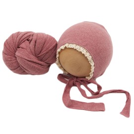 Newborn Photography Wrap Prop Newborn Photoshoot Outfits Ruffle Bonnet Baby Girl Boy Photo Lace Edge Hat Set (Bonnet and Wrap, Deep Pink)