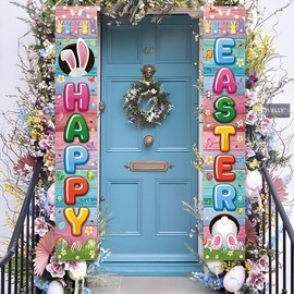 Easter Banners for Outside, Easter Porch Banner, Happy Easter Porch Sign Banner, Easter Door Hanger Porch Banner, Easter Porch Sign, Bunny Egg Porch for Spring Theme Easter