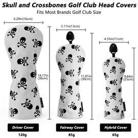 Gbourly 3PCS Skeleton Golf Club Skull and Crossbones Driver, Fairway Wood and Hybrid Head Covers Set PU Leather Headcovers for Women and Men (White)