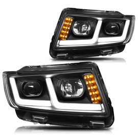 PM PERFORMOTOR L-Shape LED DRL Signal Projector Headlights Assembly Compatible with Grand Cherokee 11-13,Black Housing/Clear Lens