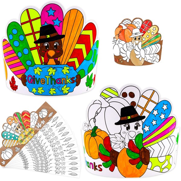 FANCY LAND Color Your Own Turkey Hats 24PCS Thanksgiving Coloring Crowns Adjustable for Kids Family Classroom VBS Party Supplies Turkey Crafts