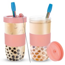 Esilihom Bubble Tea Cup, 2 Pack Reusable Bubble Tea Cup with Straw and Lids, 730ml/24oz Smoothie Cups, Wide Mouth Leakproof Cups for Boba Ice Tea Coffee Drinks（Pink）