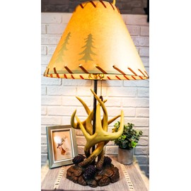 Ebros Large 26.25"H Wildlife Rustic Cabin Lodge Vintage Design Decor 3 Entwined Antlers with Pine Cones Table Lamp Statue with Shade and Pull Down Switch Forest Buck Deer Antler Desktop Lamps Accent