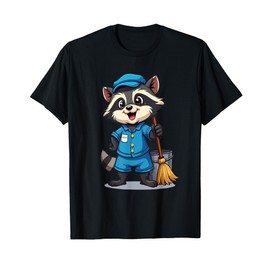 Cartoon Raccoon with Mop and Bucket – Cleaning Character T-Shirt