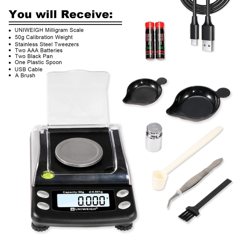 UNIWEIGH Digital Milligram Scale Accurate 0.001g/50g,Precision mg Scale for Jewelry,Powder,Gold,Gem,Reloading