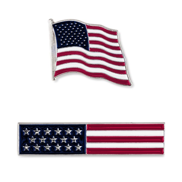 American Flag USA Lapel Pin Set - Waving Flag + Rectangle Bar - Silver Colored Metal Plated - Luxury Clothing Accessories