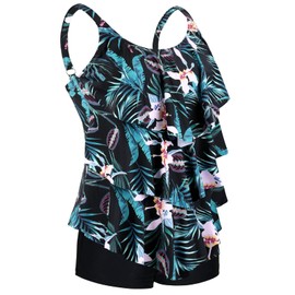 Septangle Plus Size Swimsuits for Women Two Piece Tummy Control Tankini Bathing Suits Modest Swimsuit Retro Slimming Swimwear, Black & Lily, US 20