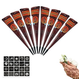 ElevaPulse Pack of 8 Henna Brown Freckles Cones, Natural Red Brown Henna for Tattoo and Paint, with 20 Stencils for Body Art