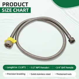 3.3FT Faucet Connector Hoses, G1/2 Female x G3/4 Female 304 Stainless Steel Braided Water Hose,For Dog Waterer Bowl,Washer Hoses,Residences Supply Hose (39-inch-1/2'' NPT to 3/4'' GHT)