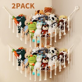 Teddy Hammock – 2Pack Boho Corner Toy Storage Net for Stuffed Animals, Large Hanging Organizer for Kids’ Bedroom & Playroom, Macrame Cuddly Toy Storage Solution to Declutter & Decorate, Beige