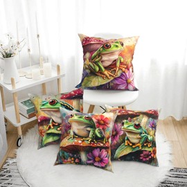 Bshuey Pillow Covers 18x18 Inch Set of 4 Frog Lover Throw Pillow Covers Mushroom Watercolor Cushion Case Decor for Sofa Couch