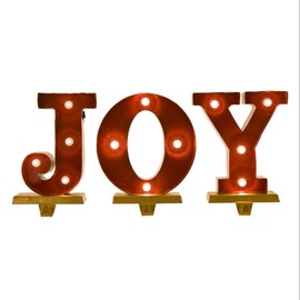 glitzhome 8.5" H Christmas Stocking Holders for Mantle Metal Marquee LED Joy Stocking Holder Stocking Hangers Battery Operated Decorative Fireplace Stocking Holders Seasonal Decor