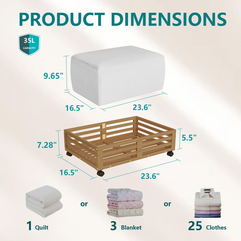 Wisuce Bamboo Under Bed Storage Containers- Underbed Organizer with Wheels
